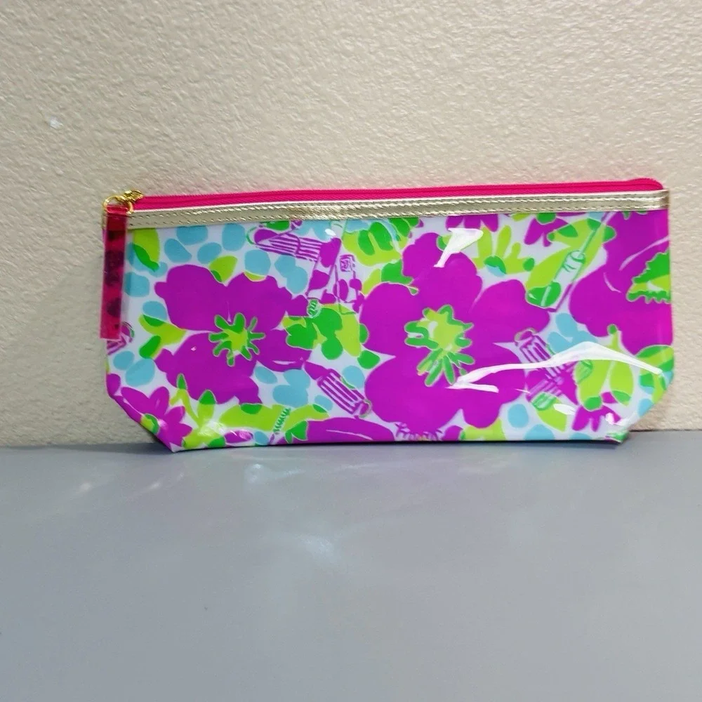 Lilly Pulitzer Green Pink Blue Vinyl Zip Top Cosmetic Case Bag Storage Pretty